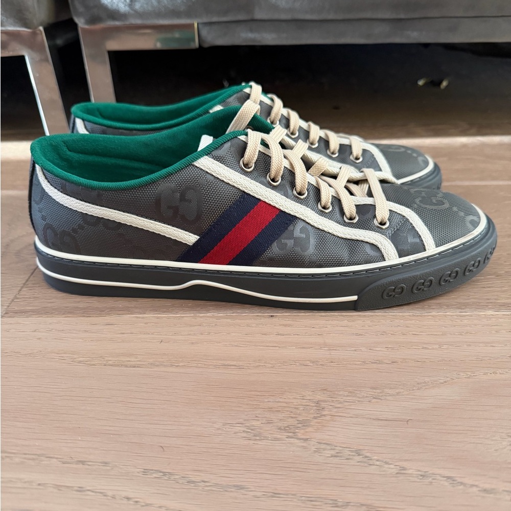 Gucci tennis 1977 logo GG canvas Sneakers sz 9+ G US 10 men grey green